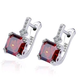 New S925 Silver Sterling Earrings with Red Gemstones | Square CZ Earrings